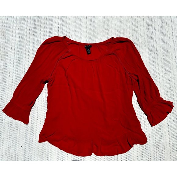 International Concepts Blouse Womens 2 Extra Large Red Trim Knit Lace Round Neck - Picture 2 of 10